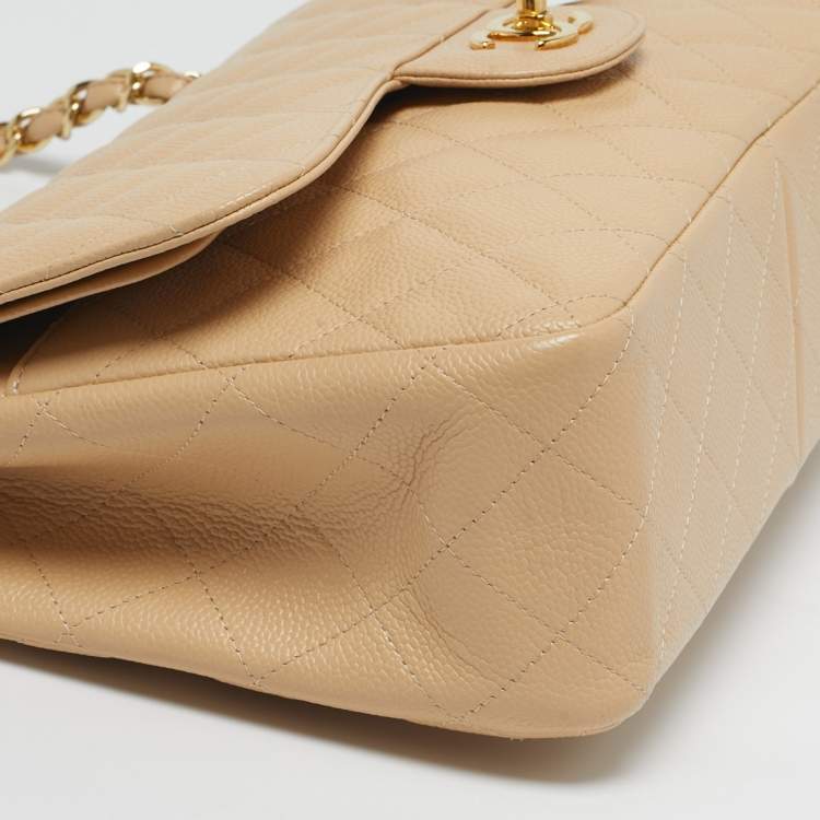 Pre Owned Chanel Classic Double Flap Jumbo Beige Quilted Caviar Leather Bag