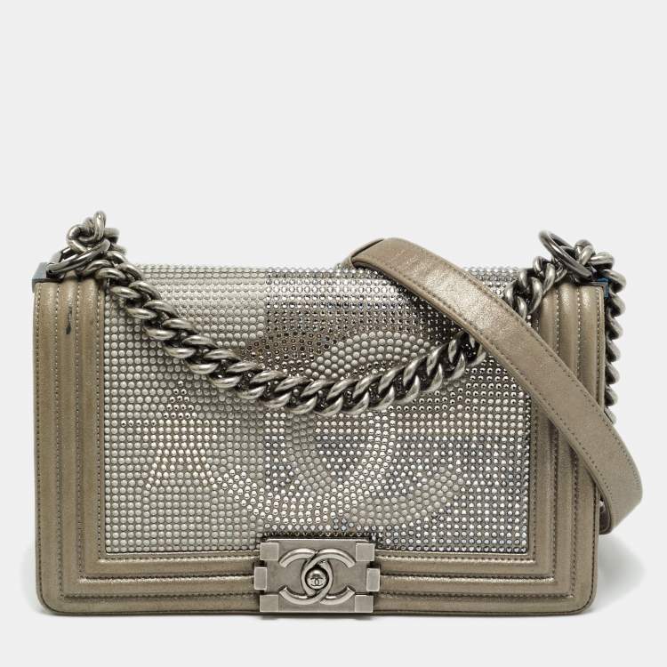 Pre Owned Chanel CC Crystal Boy Medium Grey Leather Flap Bag