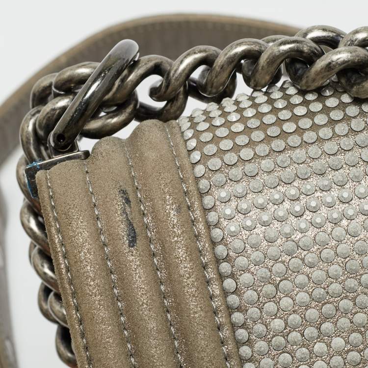 Pre Owned Chanel CC Crystal Boy Medium Grey Leather Flap Bag