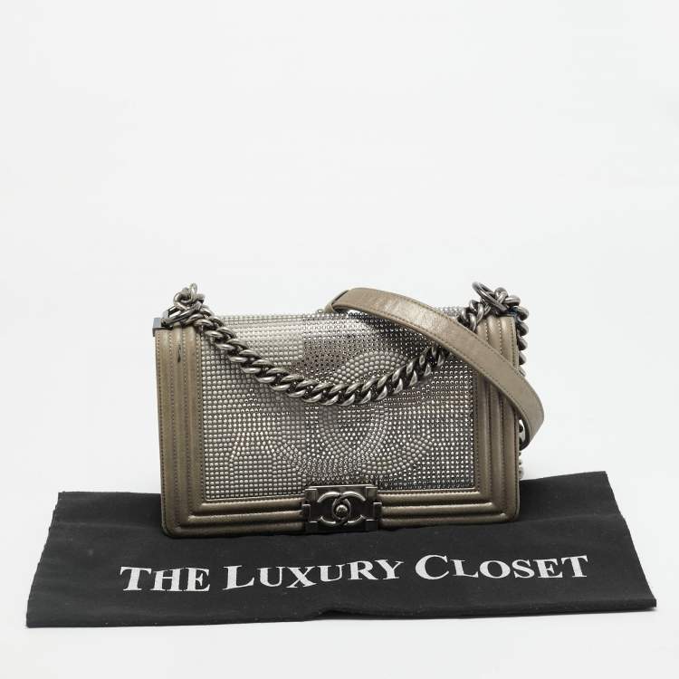 Pre Owned Chanel CC Crystal Boy Medium Grey Leather Flap Bag