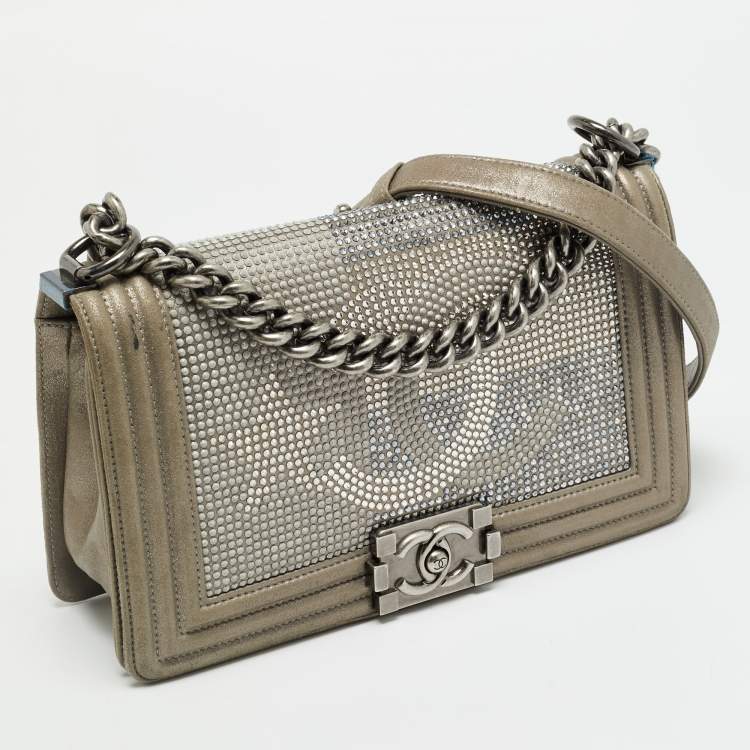 Pre Owned Chanel CC Crystal Boy Medium Grey Leather Flap Bag