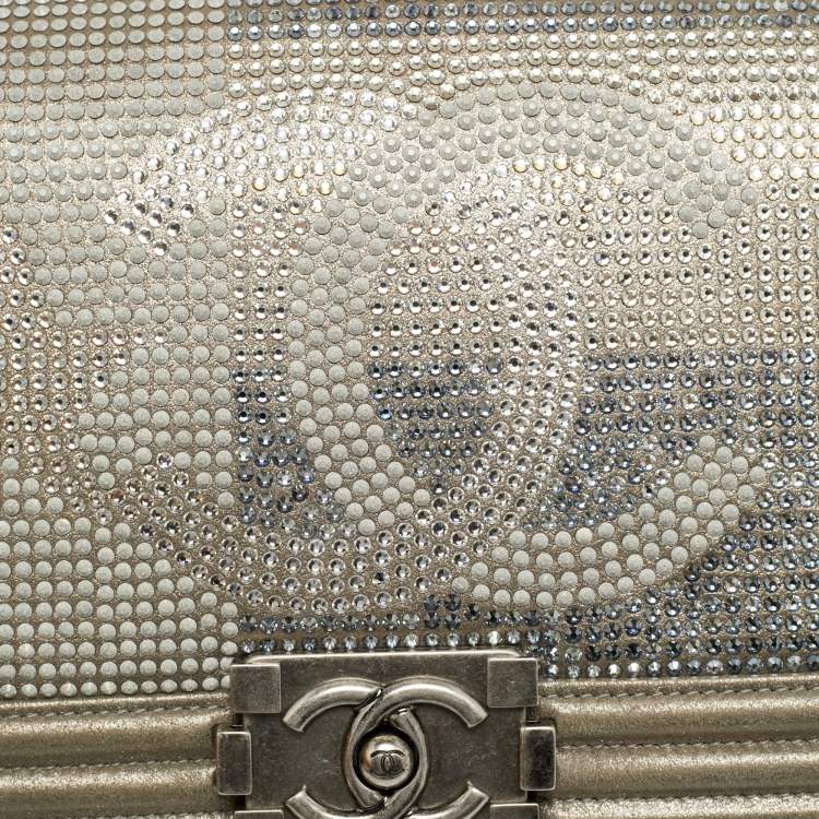 Pre Owned Chanel CC Crystal Boy Medium Grey Leather Flap Bag