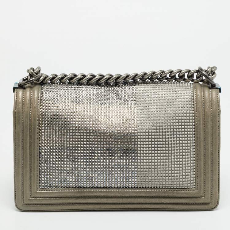 Pre Owned Chanel CC Crystal Boy Medium Grey Leather Flap Bag