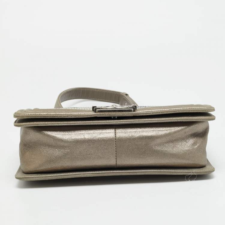 Pre Owned Chanel CC Crystal Boy Medium Grey Leather Flap Bag