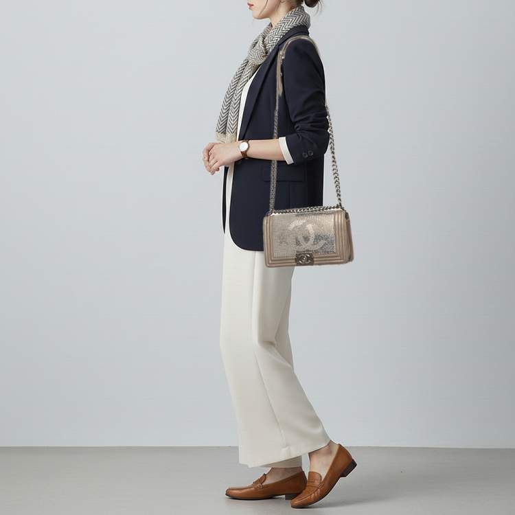 Pre Owned Chanel CC Crystal Boy Medium Grey Leather Flap Bag