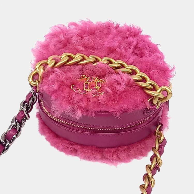 Pre Owned Chanel Pink Shearling 19 round mini crossbody bag