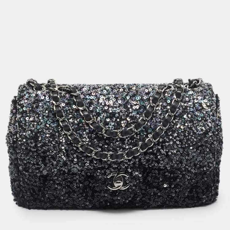 Pre Owned Chanel Classic Single Flap Medium Black/Grey Sequins Shoulder Bag