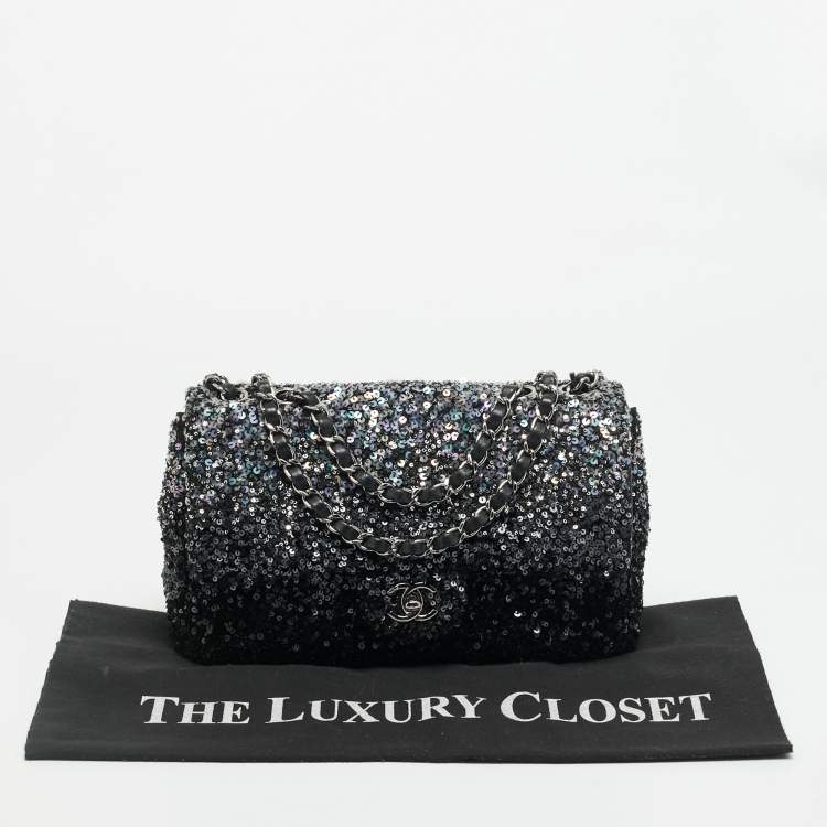 Pre Owned Chanel Classic Single Flap Medium Black/Grey Sequins Shoulder Bag