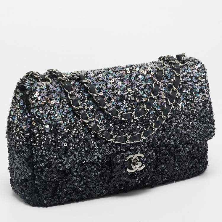 Pre Owned Chanel Classic Single Flap Medium Black/Grey Sequins Shoulder Bag