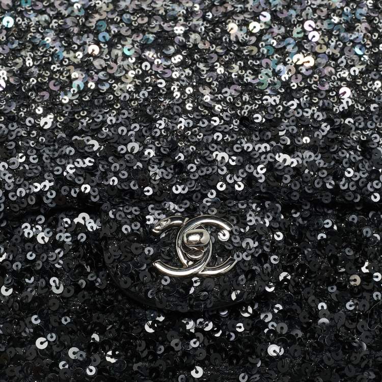 Pre Owned Chanel Classic Single Flap Medium Black/Grey Sequins Shoulder Bag