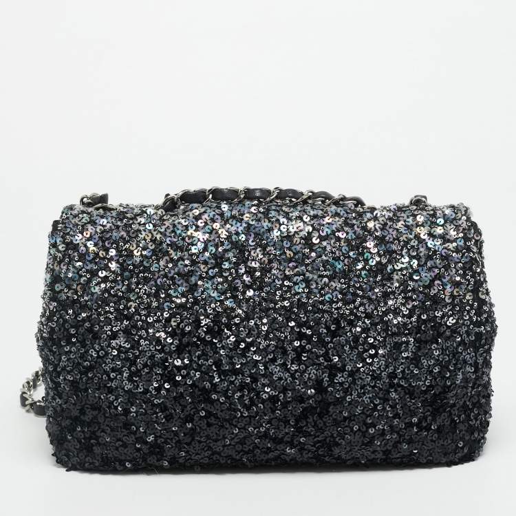 Pre Owned Chanel Classic Single Flap Medium Black/Grey Sequins Shoulder Bag