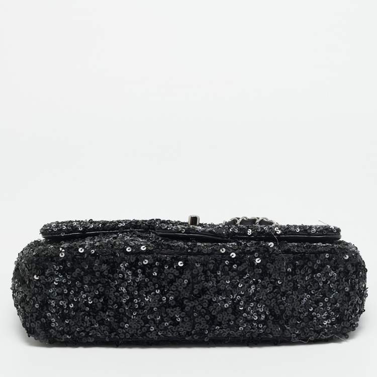 Pre Owned Chanel Classic Single Flap Medium Black/Grey Sequins Shoulder Bag