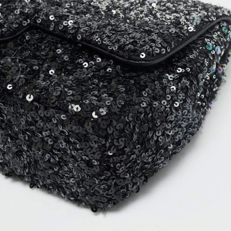 Pre Owned Chanel Classic Single Flap Medium Black/Grey Sequins Shoulder Bag