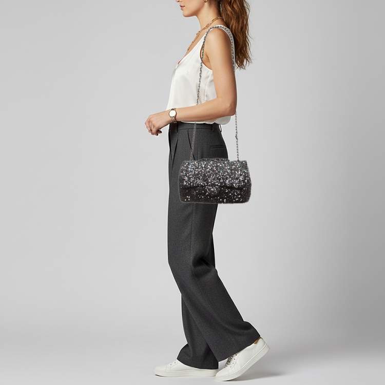 Pre Owned Chanel Classic Single Flap Medium Black/Grey Sequins Shoulder Bag