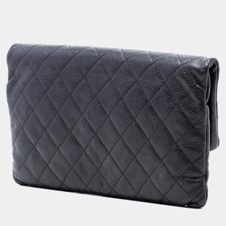 Pre Owned Chanel Black Quilted Caviar CC Beauty Foldover Clutch