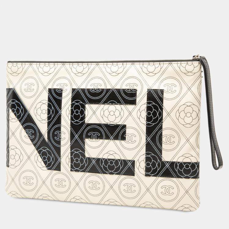 Pre Owned Chanel Black White Coated Canvas Camellia Logo Wristlet Clutch