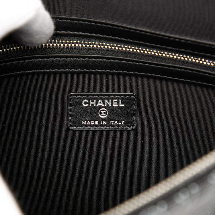 Pre Owned Chanel Black White Coated Canvas Camellia Logo Wristlet Clutch