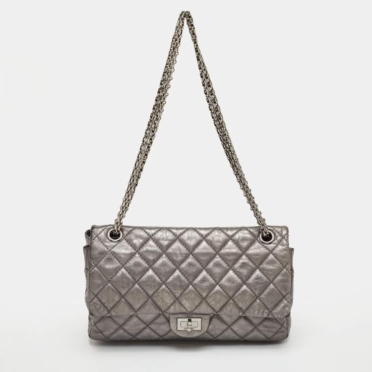 Pre Owned Chanel Classic 226 Reissue 2.55 Grey Quilted Aged Leather Double Flap Bag