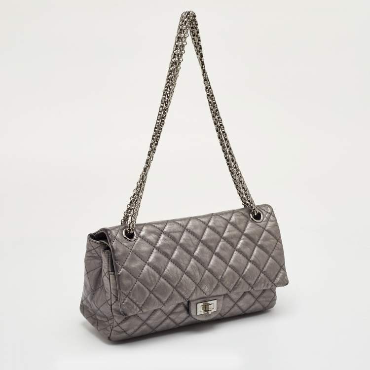 Pre Owned Chanel Classic 226 Reissue 2.55 Grey Quilted Aged Leather Double Flap Bag