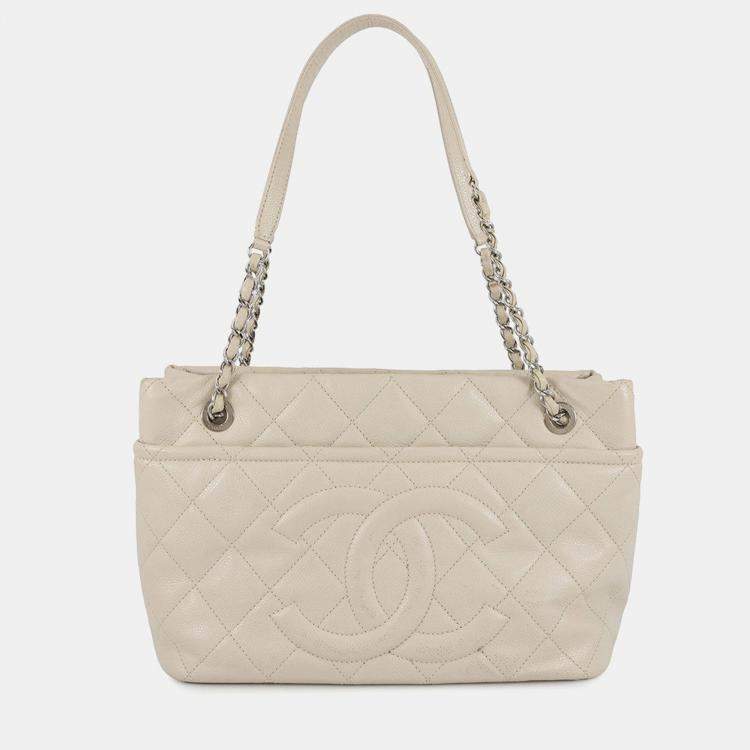 Pre Owned Chanel Matelasse Chaintote Bag Ivory Caviar Leather