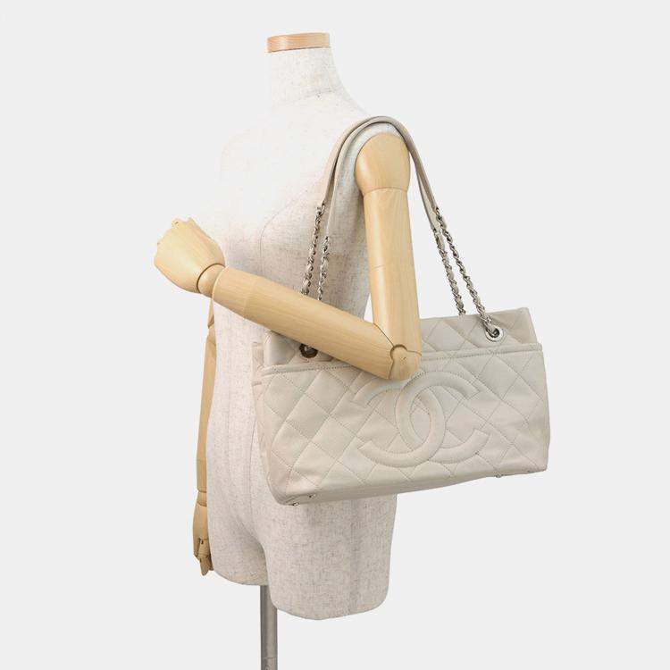 Pre Owned Chanel Matelasse Chaintote Bag Ivory Caviar Leather