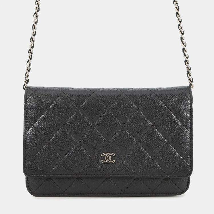 Pre Owned Chanel Matelasse Chain Wallet Black Caviar Leather