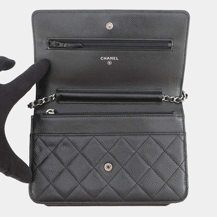 Pre Owned Chanel Matelasse Chain Wallet Black Caviar Leather