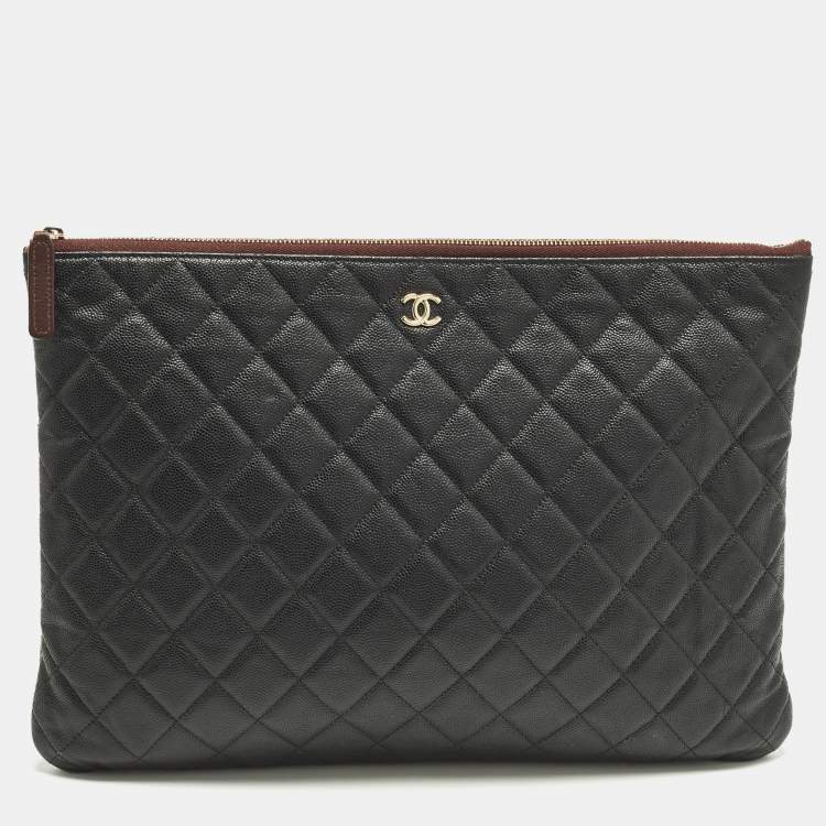 Pre Owned Chanel O Case Large Black Quilted Caviar Leather Zip Pouch Clutch