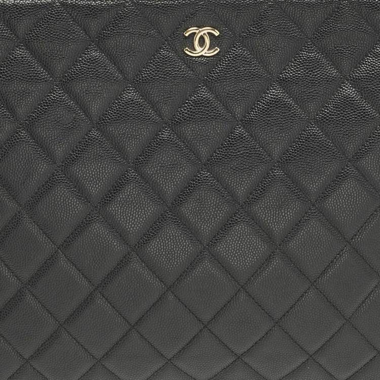 Pre Owned Chanel O Case Large Black Quilted Caviar Leather Zip Pouch Clutch