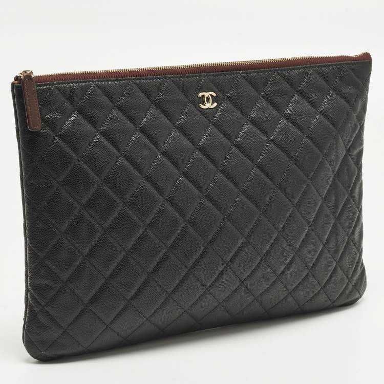 Pre Owned Chanel O Case Large Black Quilted Caviar Leather Zip Pouch Clutch