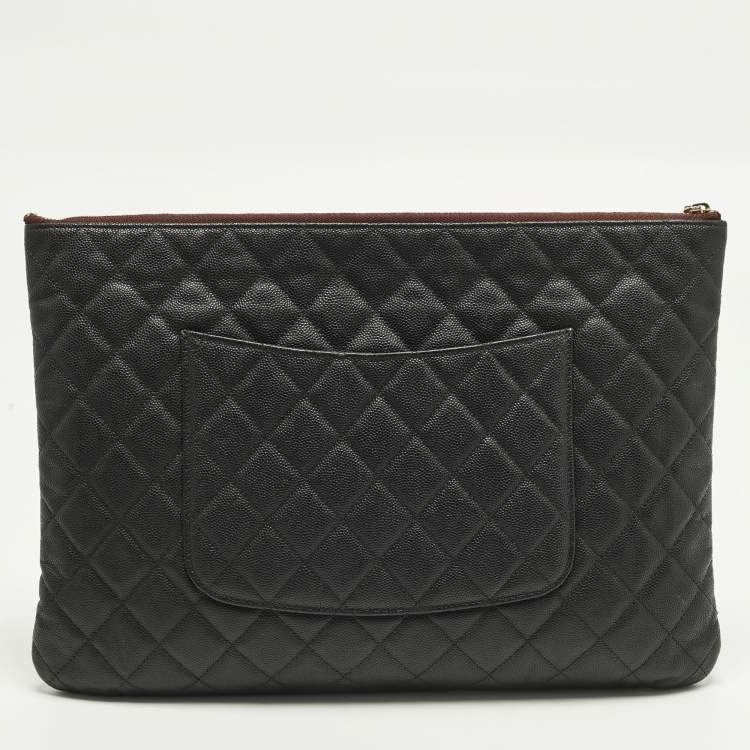 Pre Owned Chanel O Case Large Black Quilted Caviar Leather Zip Pouch Clutch