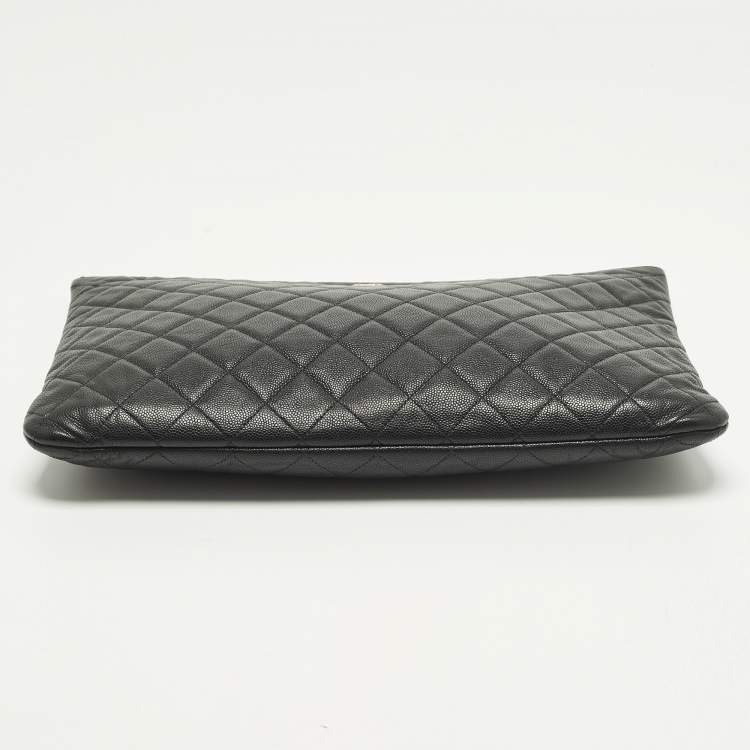 Pre Owned Chanel O Case Large Black Quilted Caviar Leather Zip Pouch Clutch