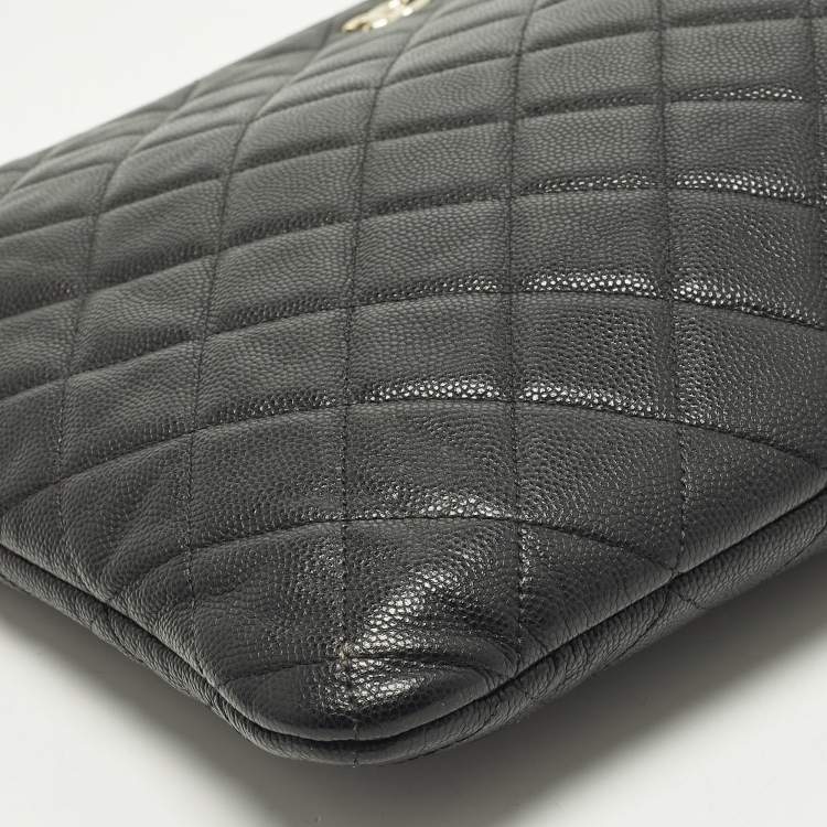 Pre Owned Chanel O Case Large Black Quilted Caviar Leather Zip Pouch Clutch
