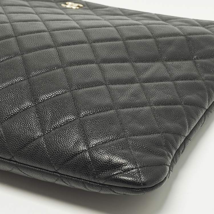 Pre Owned Chanel O Case Large Black Quilted Caviar Leather Zip Pouch Clutch
