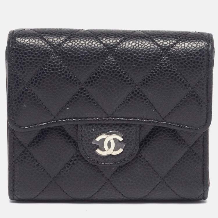 Pre Owned Chanel Classic Small Black Quilted Caviar Leather Flap Wallet