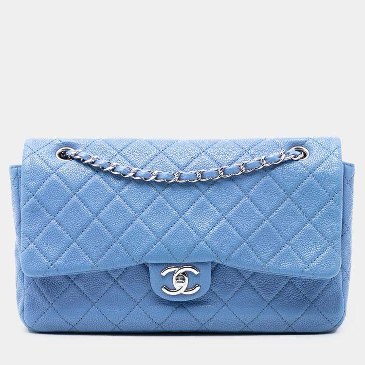 Pre Owned Chanel Blue Jumbo Quilted Caviar Double Compartment Chain Flap