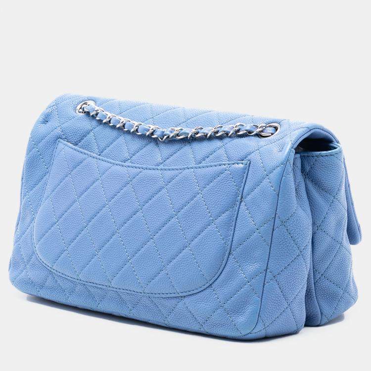 Pre Owned Chanel Blue Jumbo Quilted Caviar Double Compartment Chain Flap