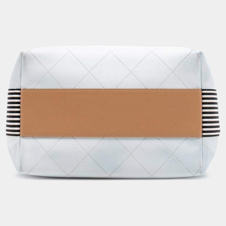 Pre Owned Chanel White Large Stitched Calfskin Button Up Hobo