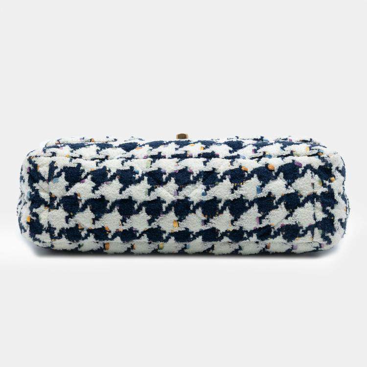 Pre Owned Chanel Blue, White Large Houndstooth Tweed 19 Flap