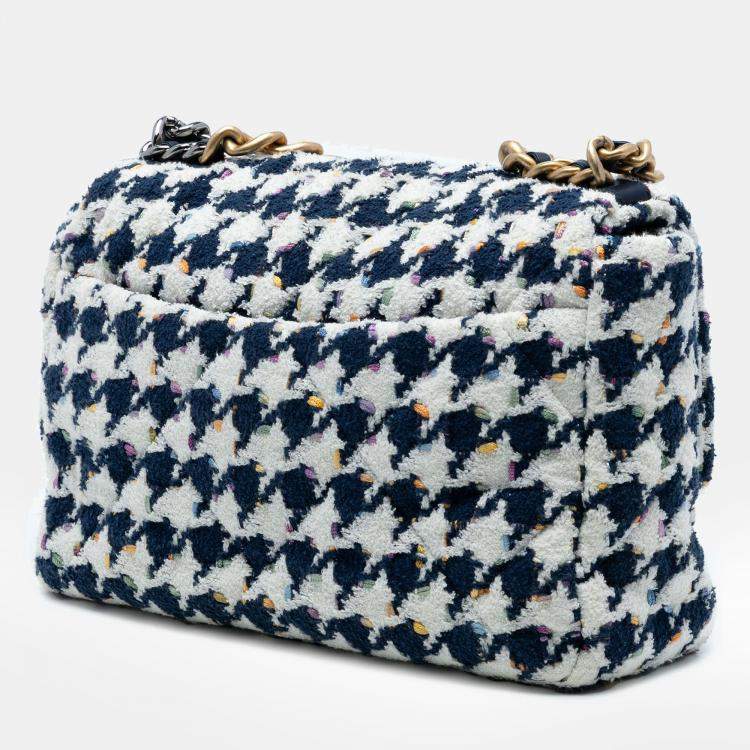 Pre Owned Chanel Blue, White Large Houndstooth Tweed 19 Flap