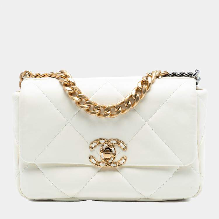 Pre Owned Chanel White Medium Lambskin 19 Flap