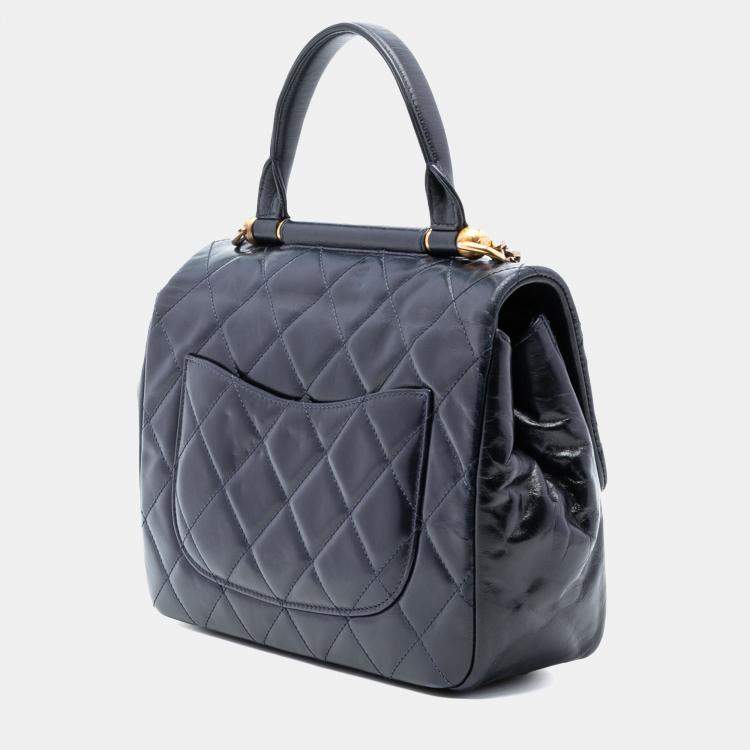 Pre Owned Chanel Blue Medium Quilted Glazed Calfskin Gold Bar Top Handle Flap