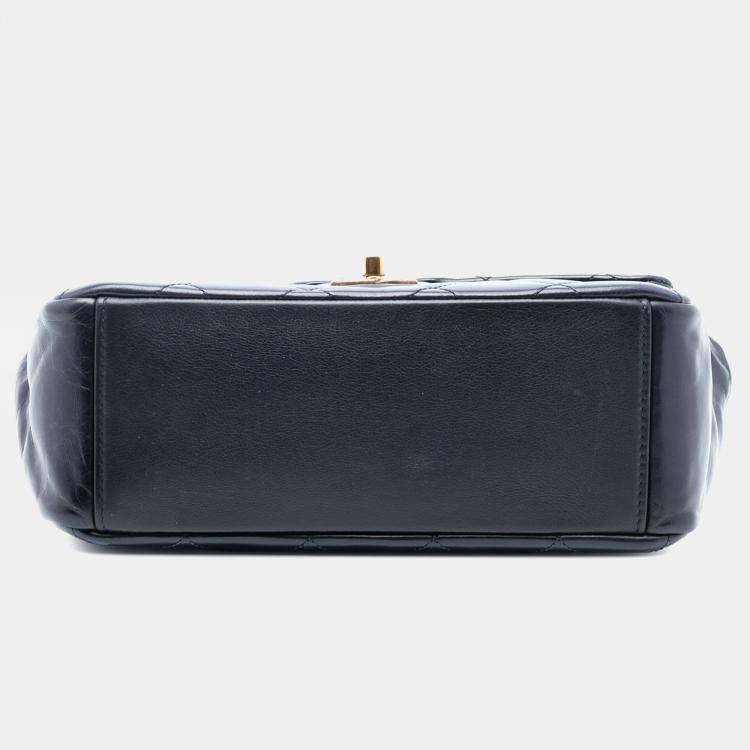 Pre Owned Chanel Blue Medium Quilted Glazed Calfskin Gold Bar Top Handle Flap