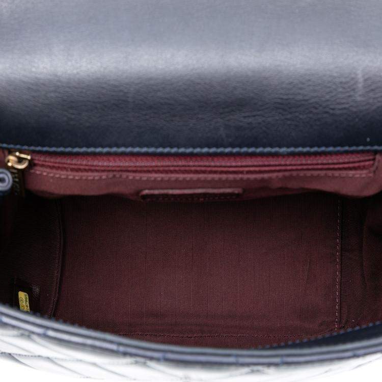 Pre Owned Chanel Blue Medium Quilted Glazed Calfskin Gold Bar Top Handle Flap