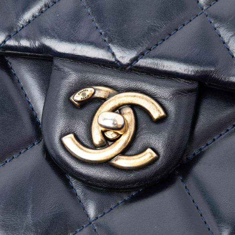 Pre Owned Chanel Blue Medium Quilted Glazed Calfskin Gold Bar Top Handle Flap
