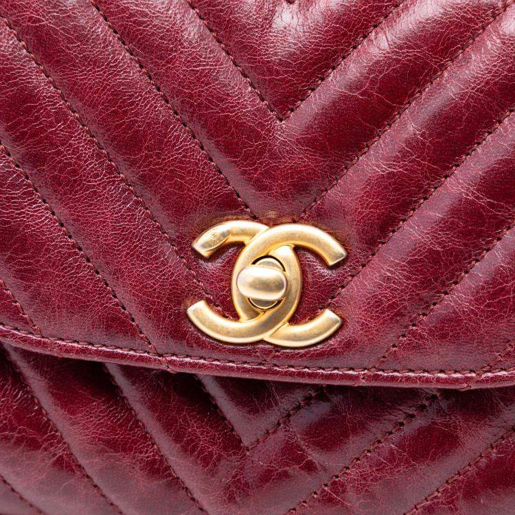Pre Owned Chanel Red Small Chevron Aged Lambskin Hampton Flap