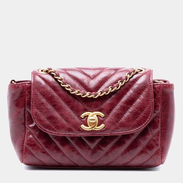 Pre Owned Chanel Red Small Chevron Aged Lambskin Hampton Flap