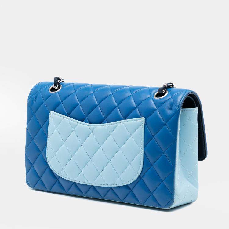 Pre Owned Chanel Blue Medium Classic Tricolor Lambskin Double Flap