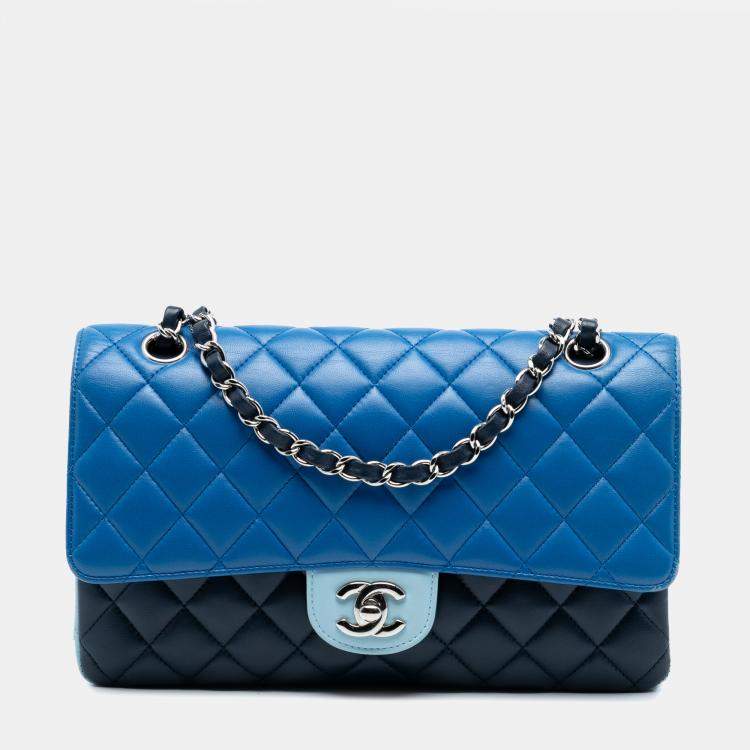 Pre Owned Chanel Blue Medium Classic Tricolor Lambskin Double Flap
