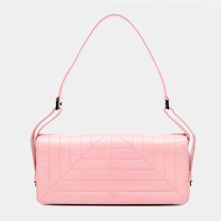 Pre Owned Chanel Pink Stitched Lambskin Logo Flap
